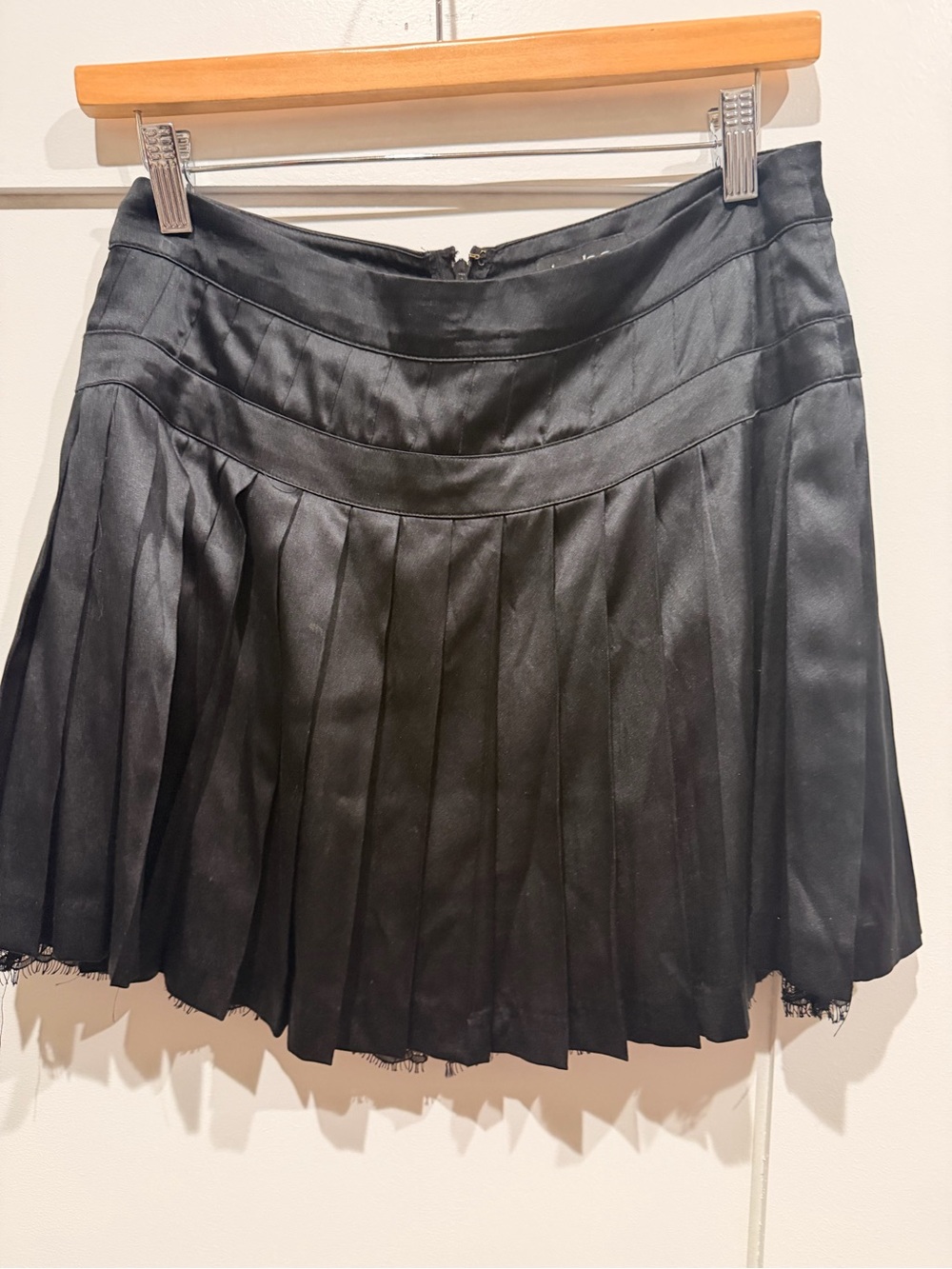 Bebe Women's Black Pleated Mini Skirt with lace fringe- Classic A-Line